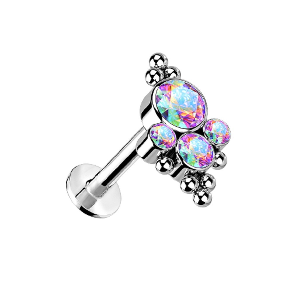 CZ Crystals with Ball Clusters Threadless Push In Labret Stud - F136 Implant Grade Titanium