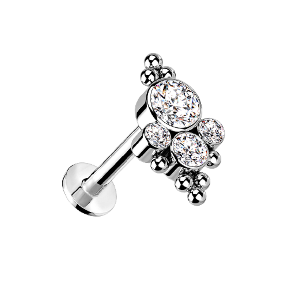 CZ Crystals with Ball Clusters Threadless Push In Labret Stud - F136 Implant Grade Titanium