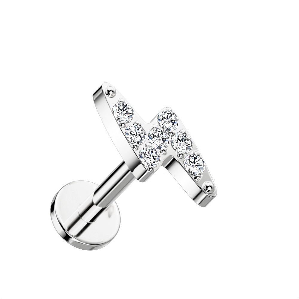 CZ Crystal Lightning Bolt Threadless Push-in Stud - G23 Implant Grade Titanium
