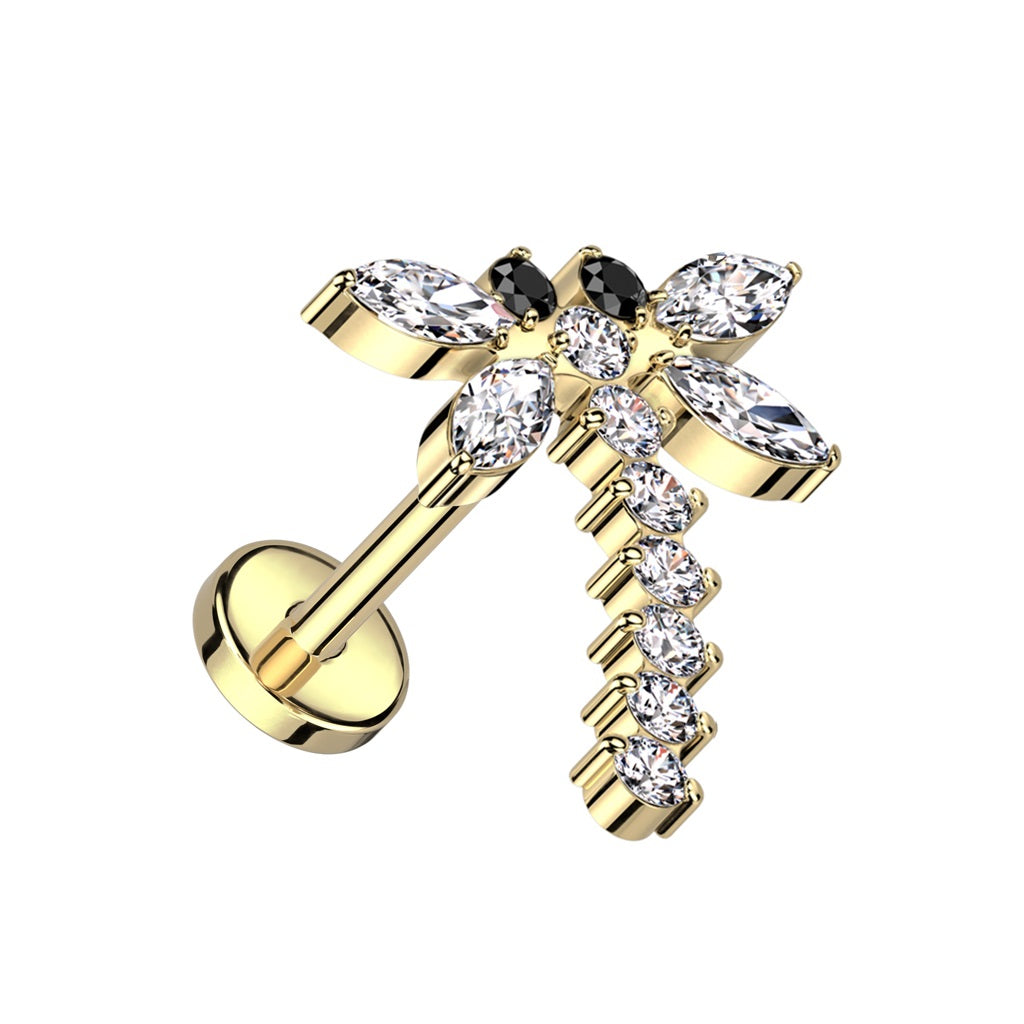 CZ Crystal Dragonfly Top Threadless Push-In Labret Stud - F136 Implant Grade Titanium