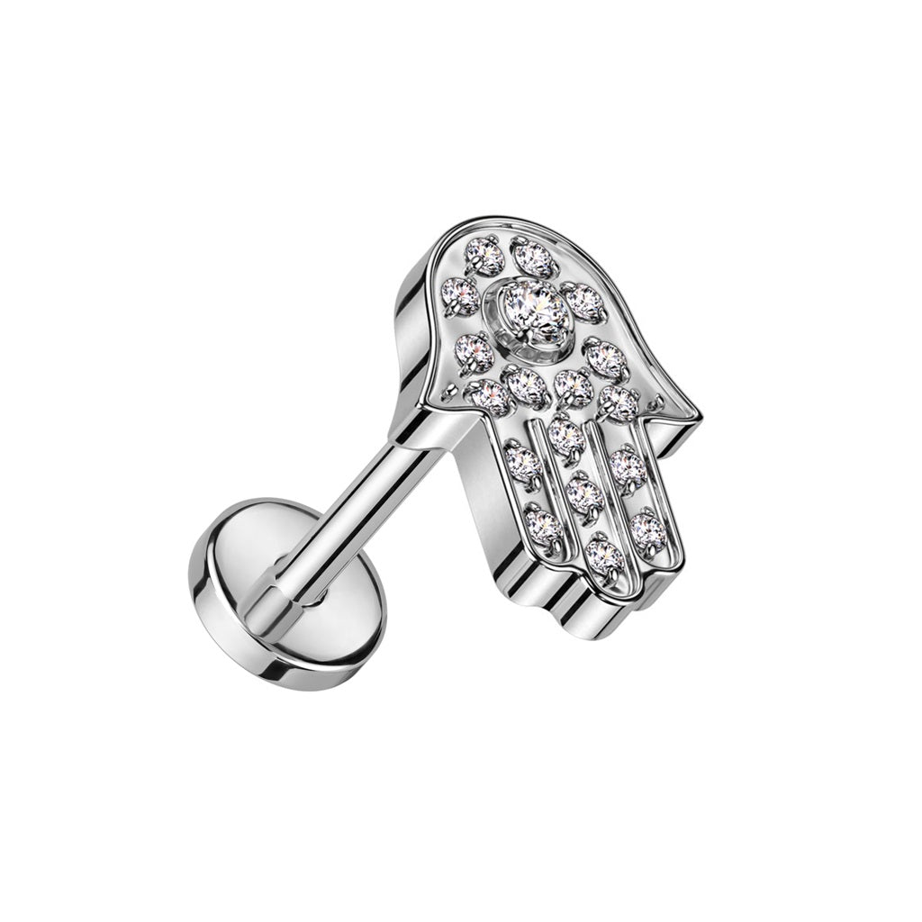 CZ Crystal Paved Hamsa Hand Threadless Push-In Labret Stud - F136 Implant Grade Titanium