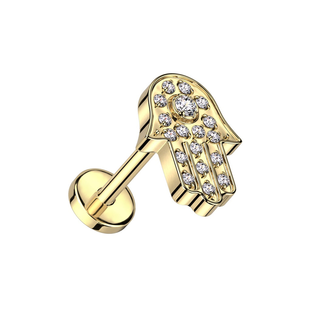 CZ Crystal Paved Hamsa Hand Threadless Push-In Labret Stud - F136 Implant Grade Titanium