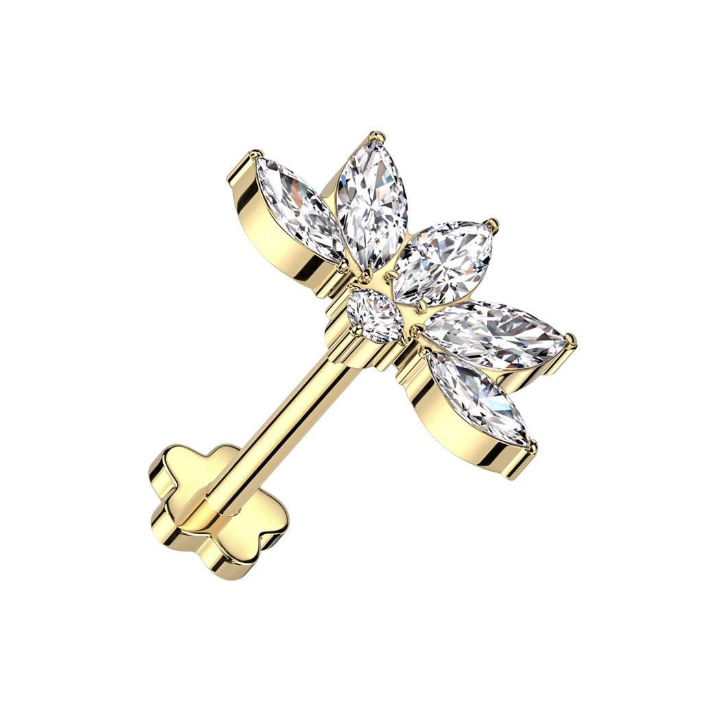 CZ Crystal Lotus Flower Marquise Threadless Push-In Flower Base Labret Stud - F136 Implant Grade Titanium