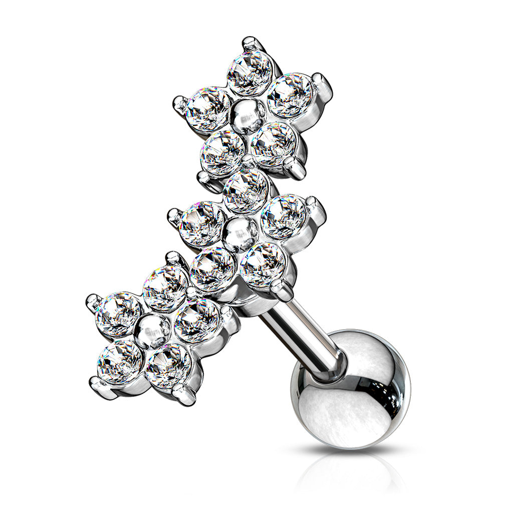 Triple CZ Crystal Flower Cluster Labret Monroe Lip Cartilage Helix Tragus Conch Ear Lobe Barbell Stud
- 316L Stainless Steel