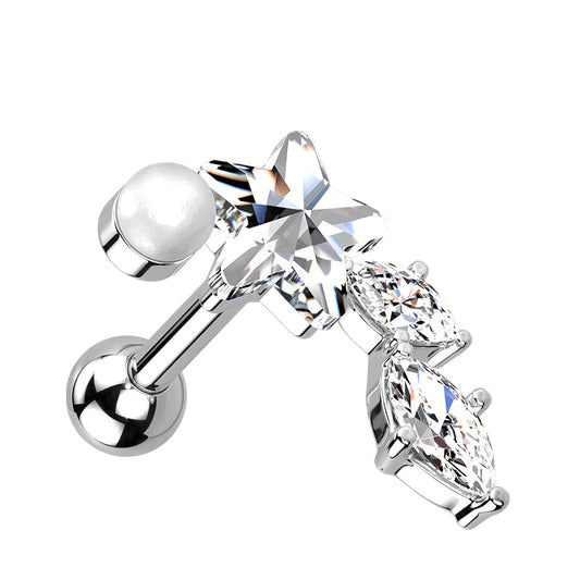 CZ Crystal Star with Vine and Pearl Barbell Stud - 316L Stainless Steel