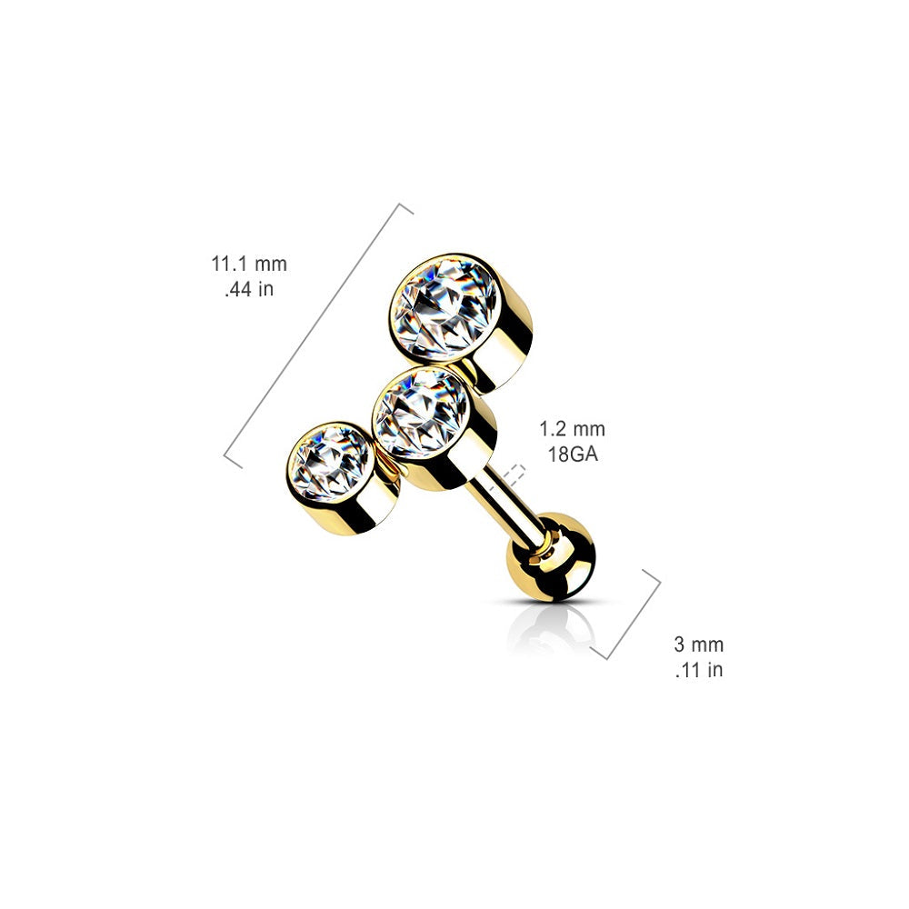 Triple Round CZ Crystal Barbell Stud - 316L Stainless Steel