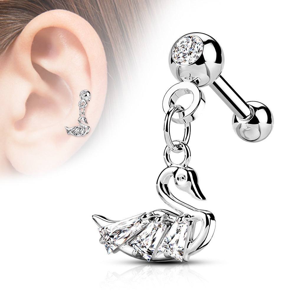 CZ Crystal Ball and Dangling Swan Barbell Stud - 316L Stainless Steel