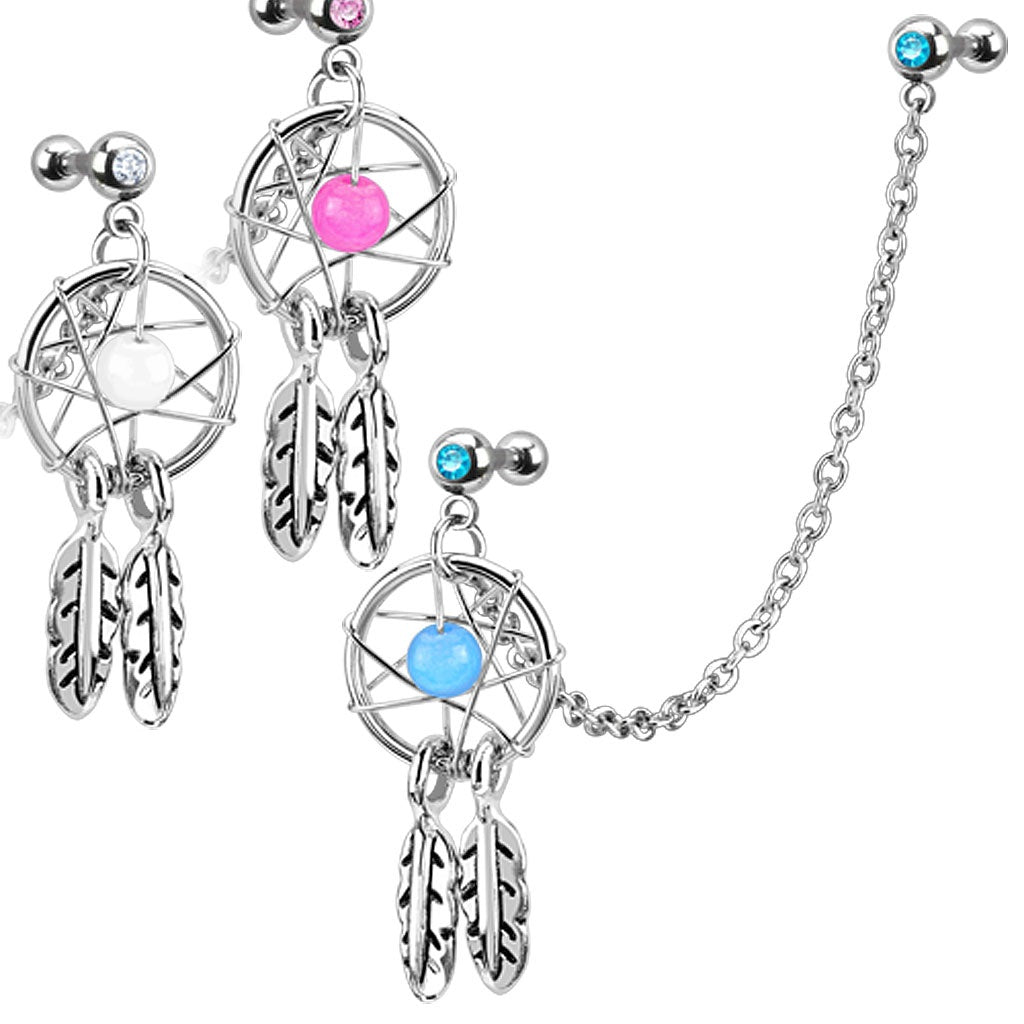 Chain Linked Gemmed Double Cartilage Barbells with Dangling Dream Catcher Charm - Surgical Steel