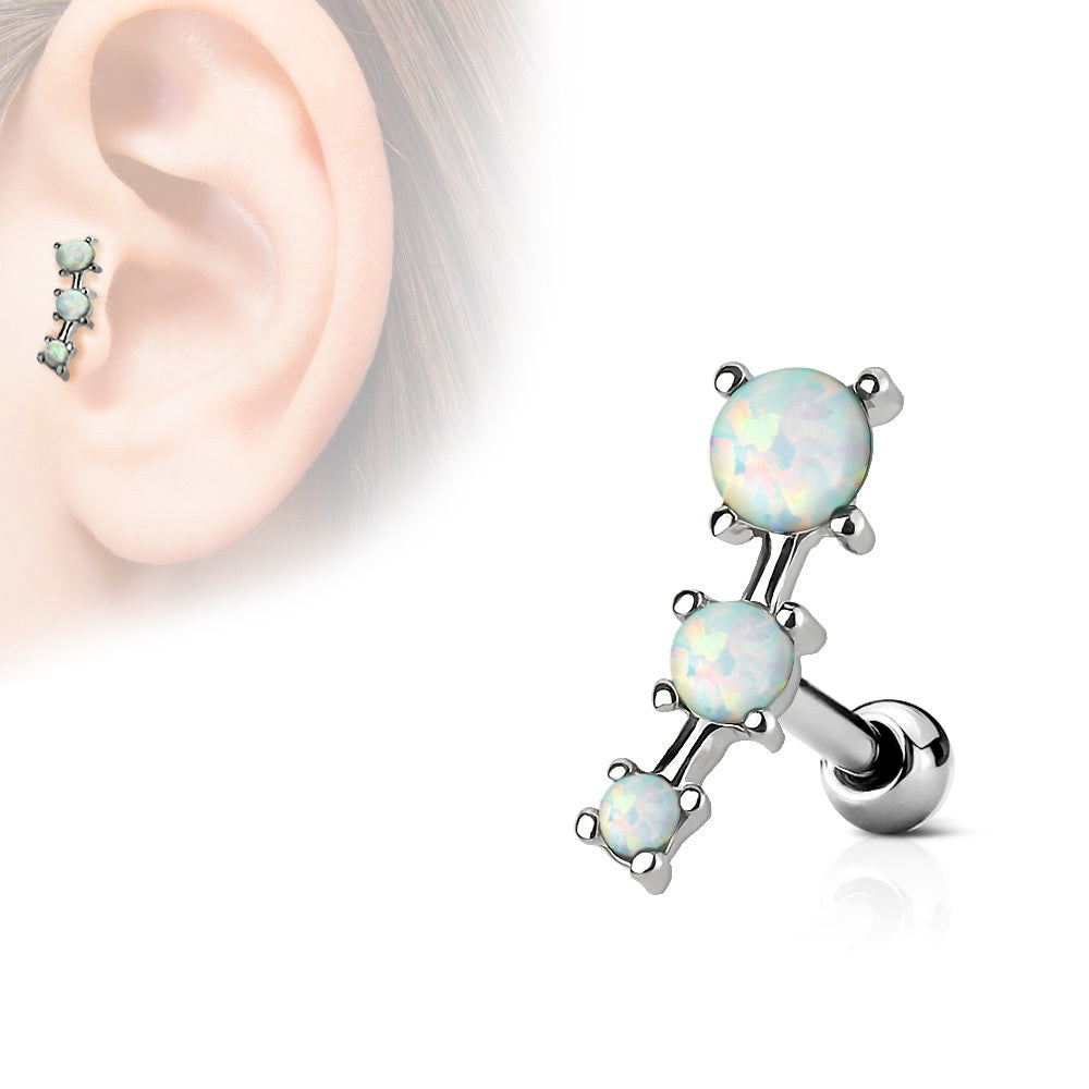 Triple Opal Ball Tragus Cartilage Helix Barbell - 316L Surgical Steel