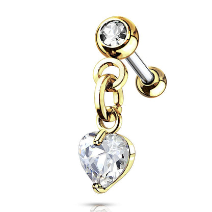 Crystal Set Ball with Dangling Crystal Heart Cartilage Barbell Stud
 - 316L Stainless Steel