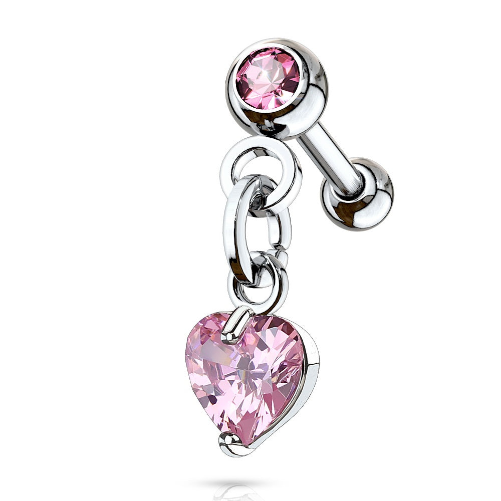Crystal Set Ball with Dangling Crystal Heart Cartilage Barbell Stud
- 316L Stainless Steel