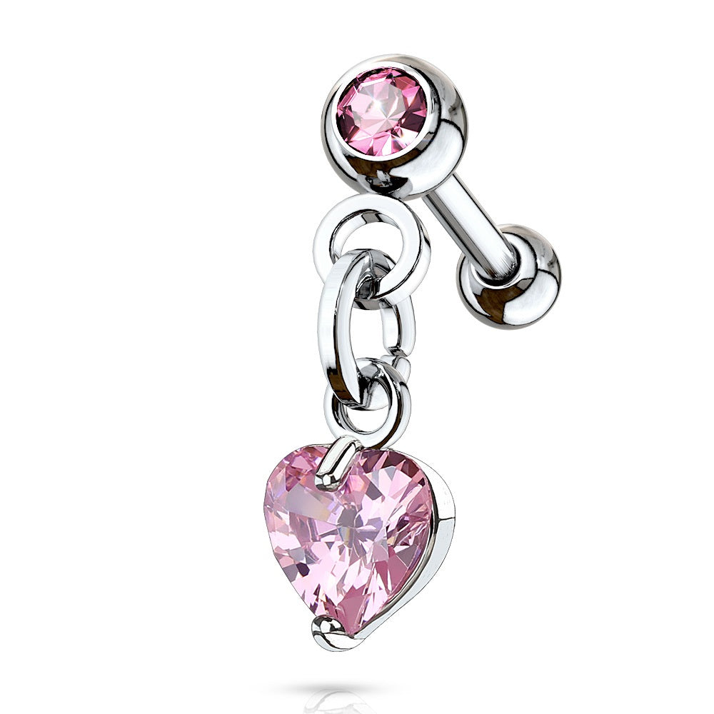 Crystal Set Ball with Dangling Crystal Heart Cartilage Barbell Stud
 - 316L Stainless Steel