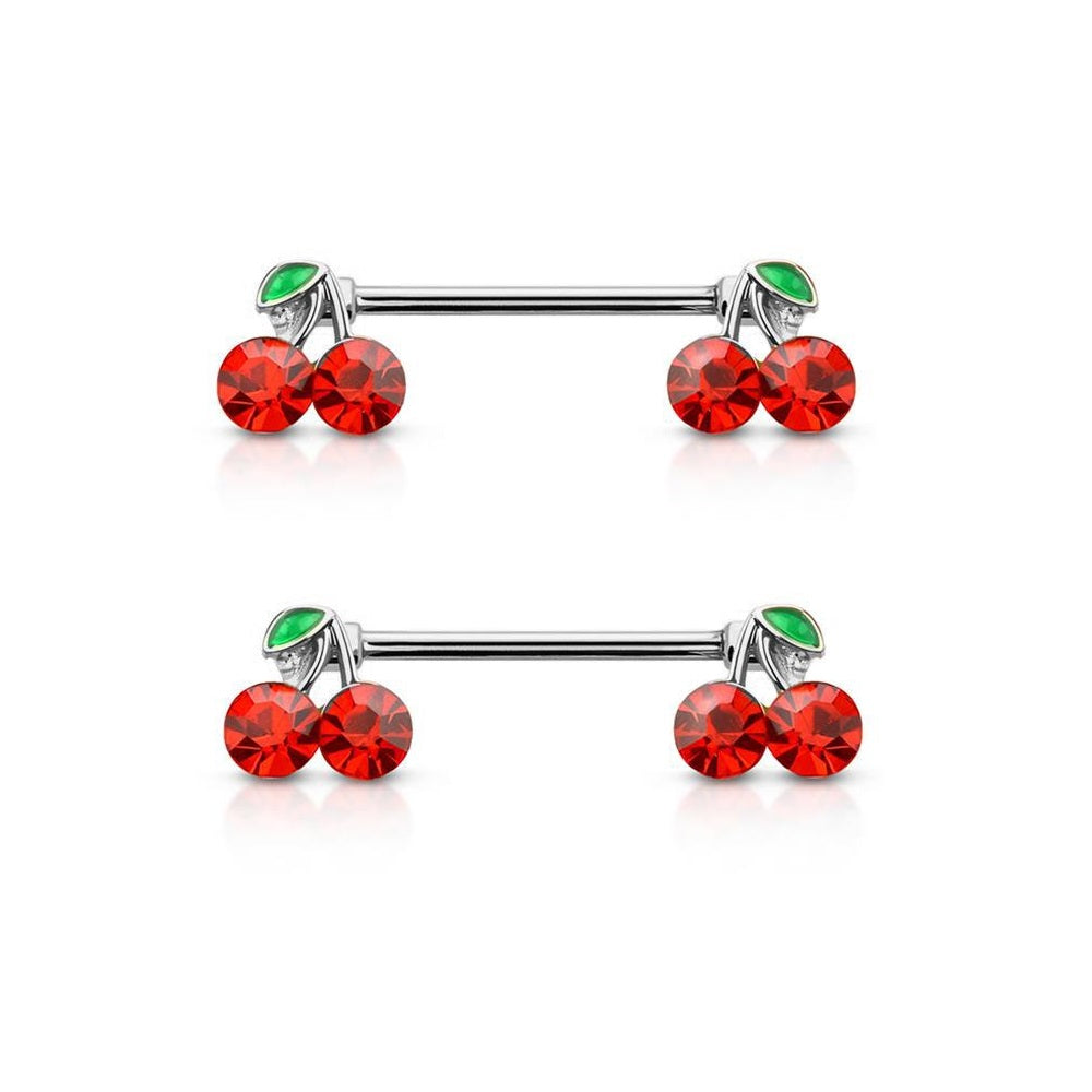 Lucky Double CZ Cherry Ends Nipple Barbells - 316L Stainless Steel - Pair