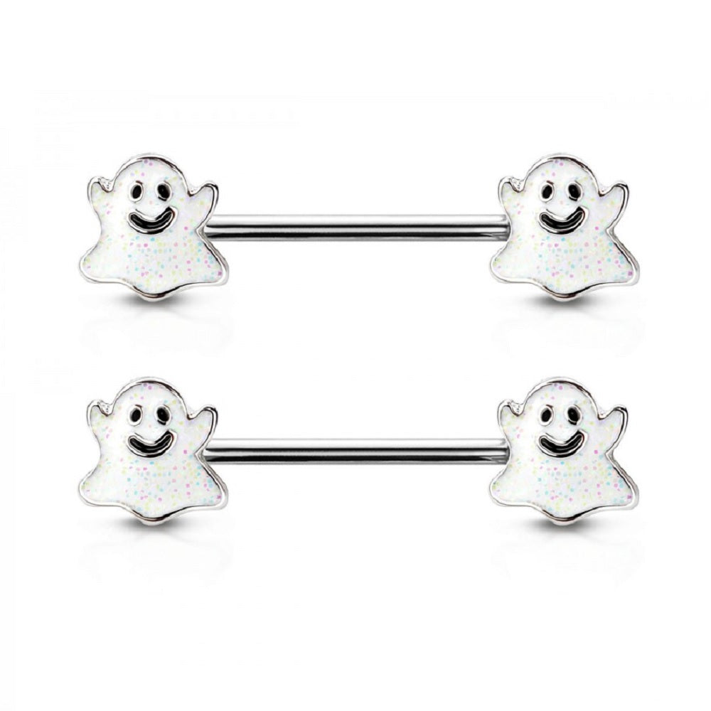 Happy Little Ghost Ends Barbell Nipple Rings - 316L Stainless Steel - Pair
