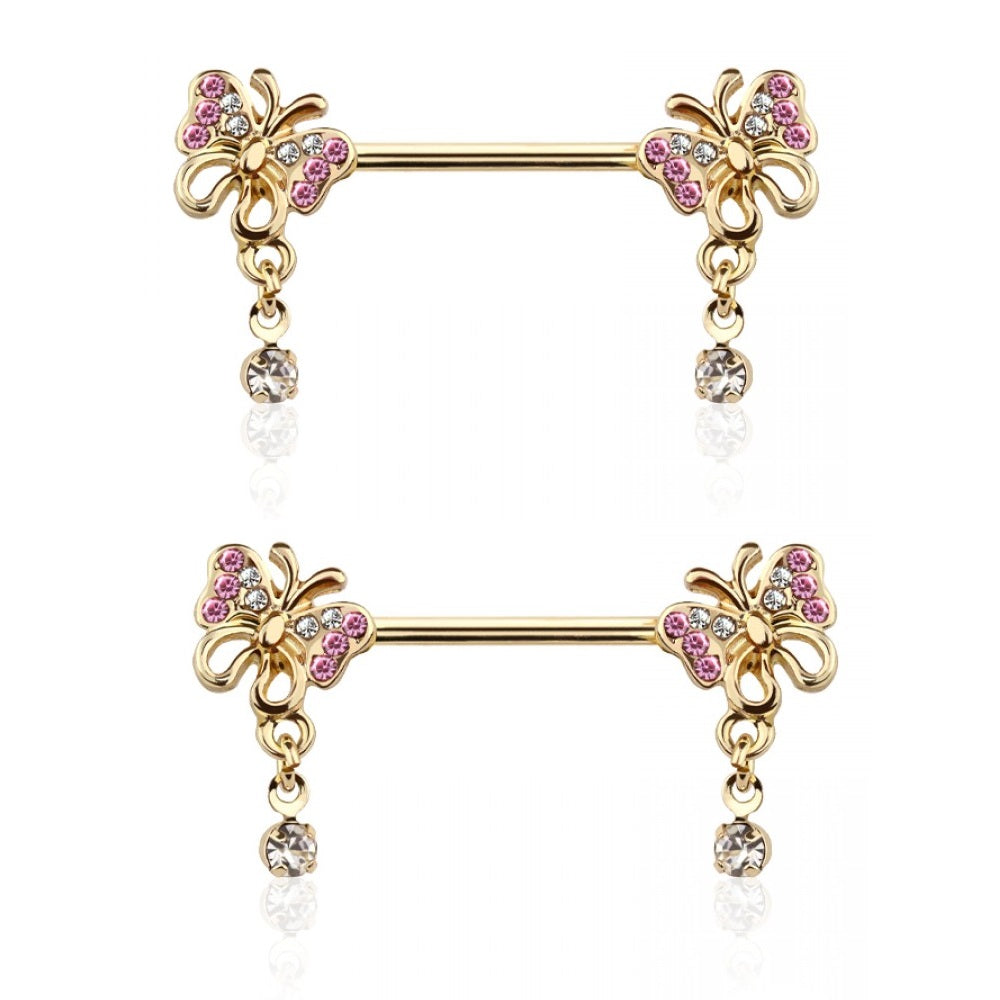 CZ Crystal Paved Butterflies with Dangling Gems Nipple Barbells - Stainless Steel - Pair