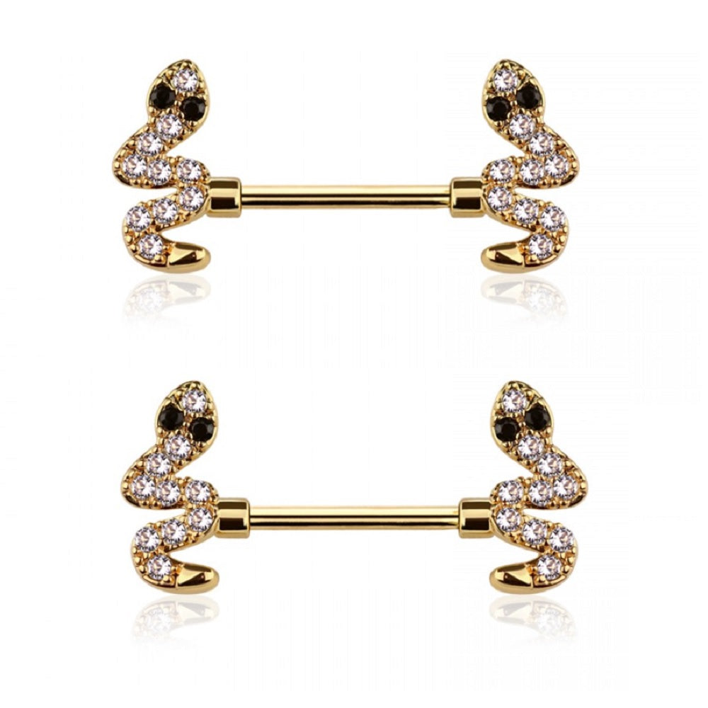 CZ Crystal Snake Ends Nipple Barbells - 316L Stainless Steel - Pair