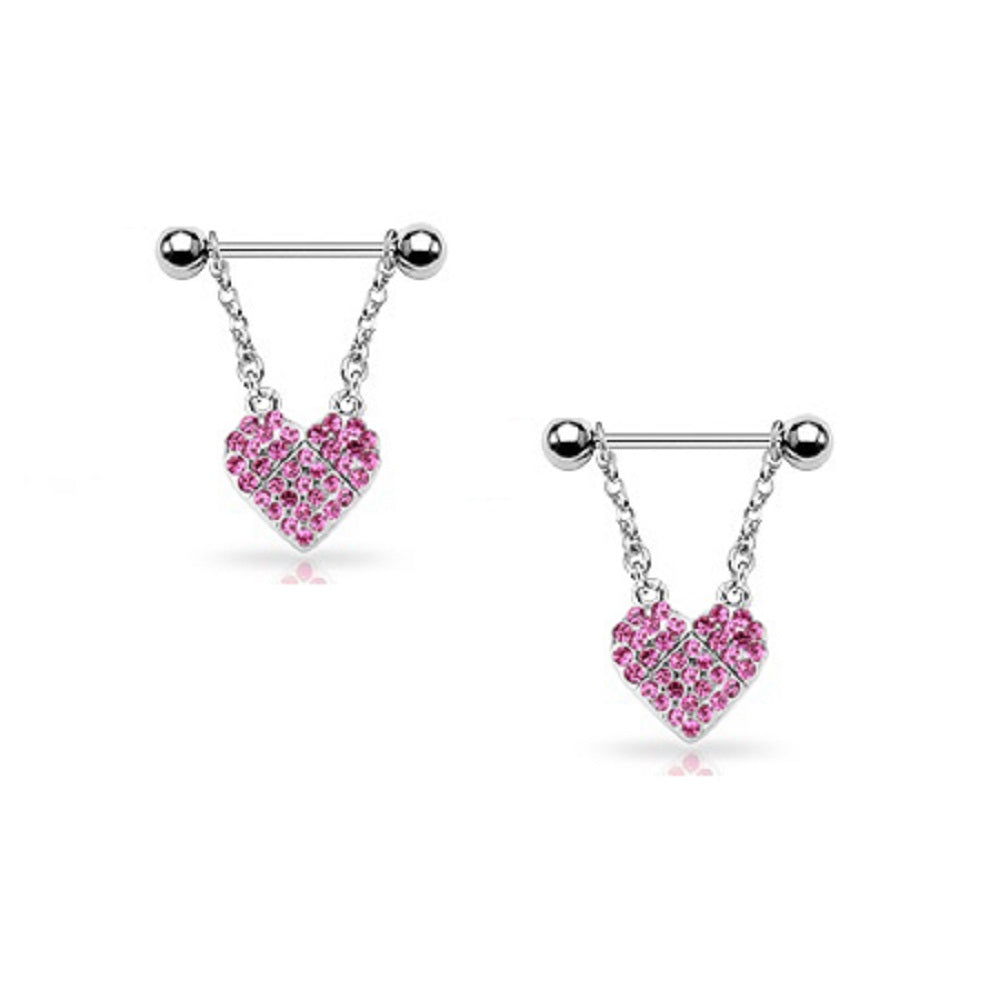 Heart CZ Paved Dangle Nipple Barbells - 316L Stainless Steel - Pair