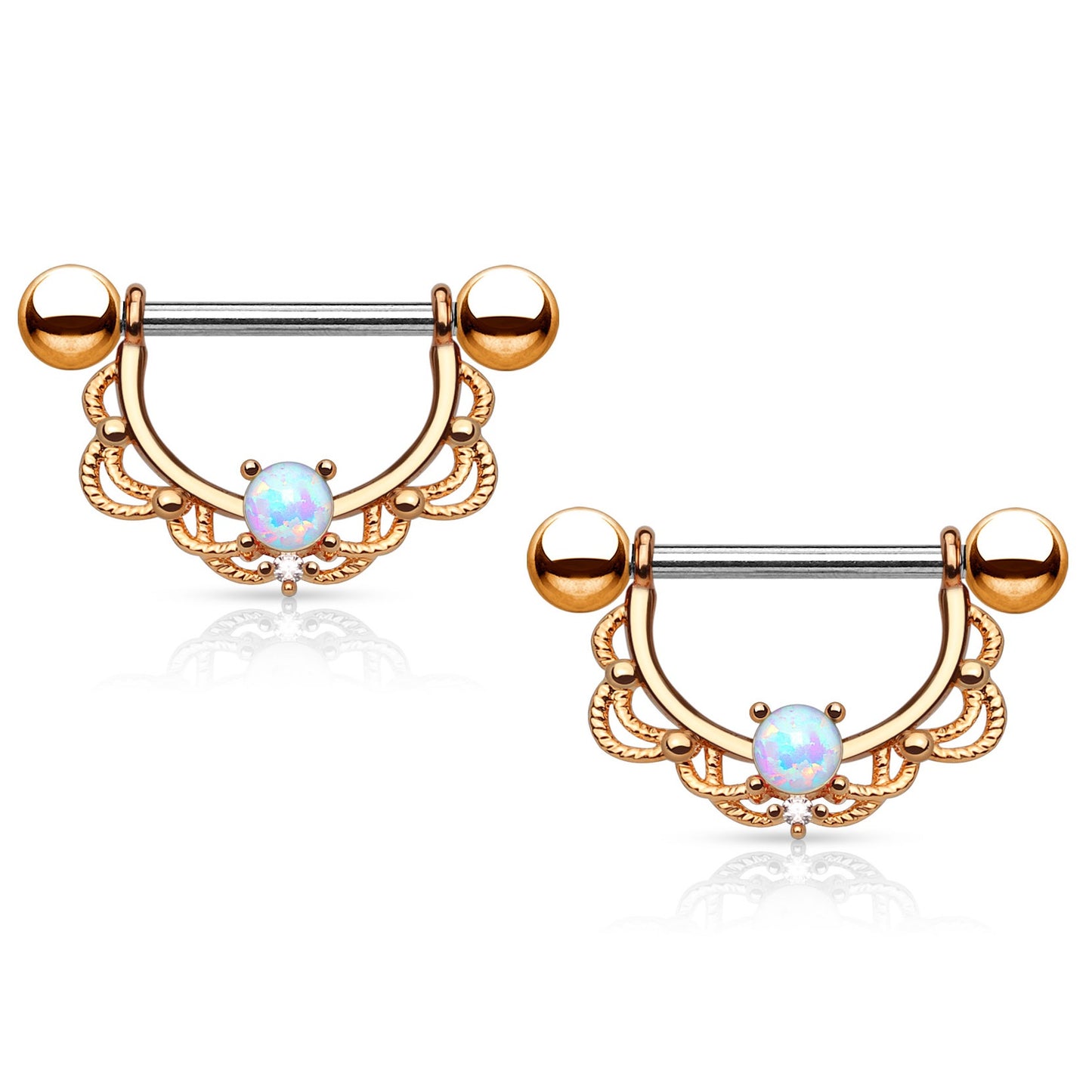 Synthetic Opal Centered Filigree Drop Nipple Rings - Stainless Steel - Pair