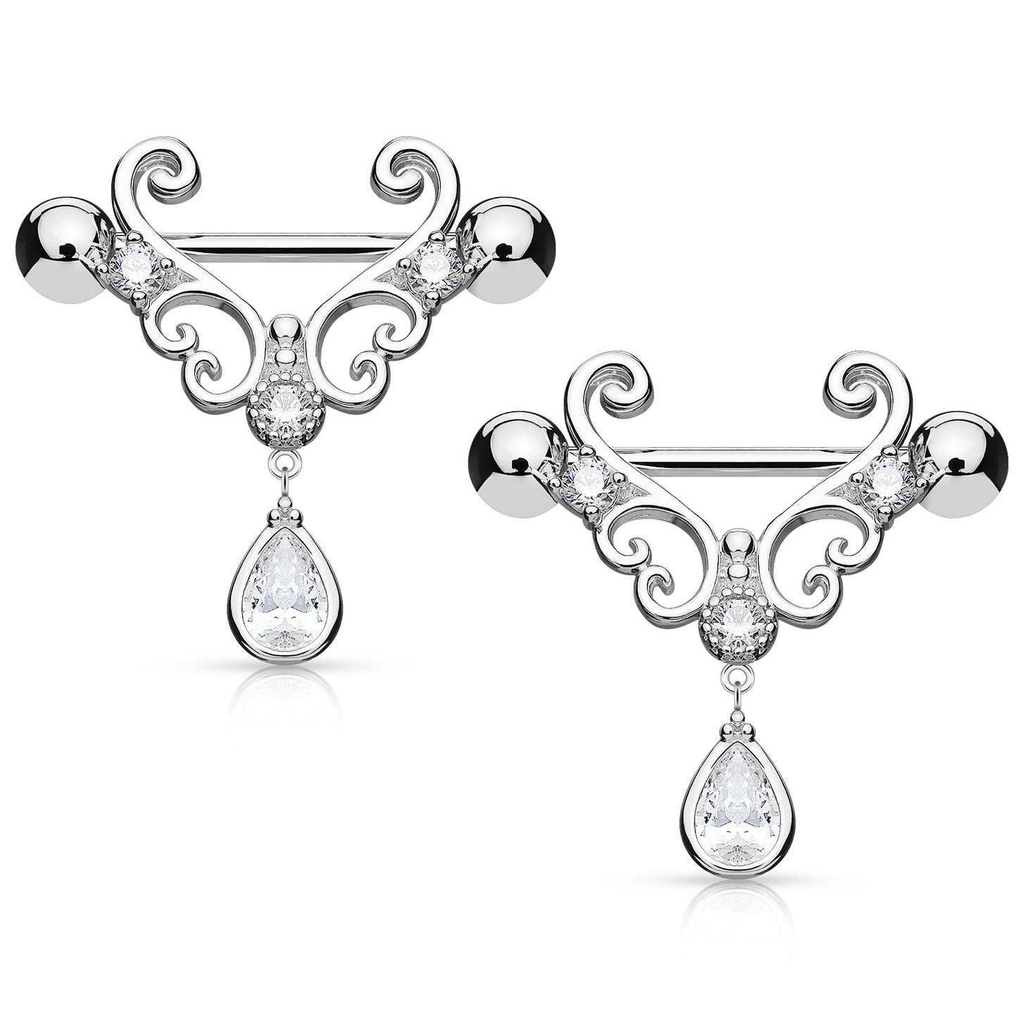 CZ Set Filigree Heart and Dangling CZ Tear Drop Nipple Barbells - Stainless Steel - Pair