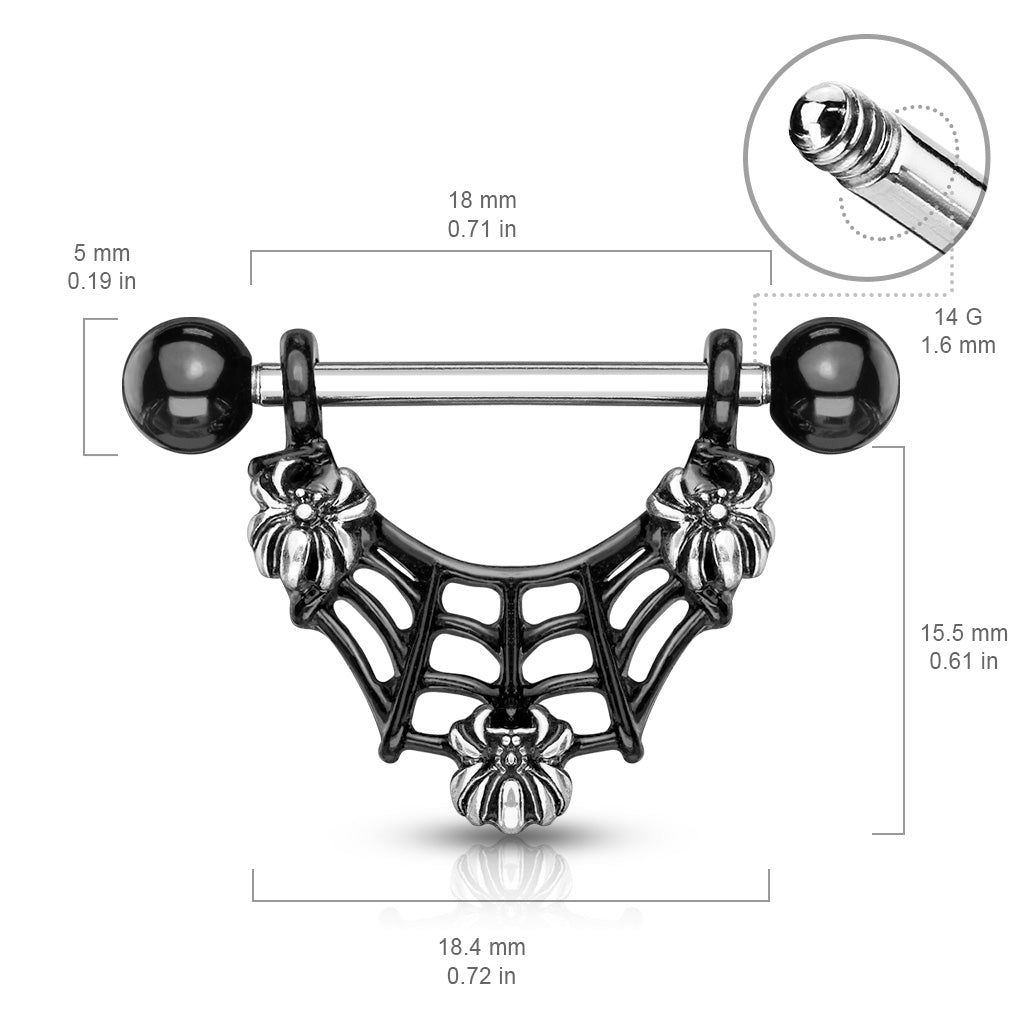 Dangling Spiderweb and Spiders Nipple Rings - Stainless Steel - Pair