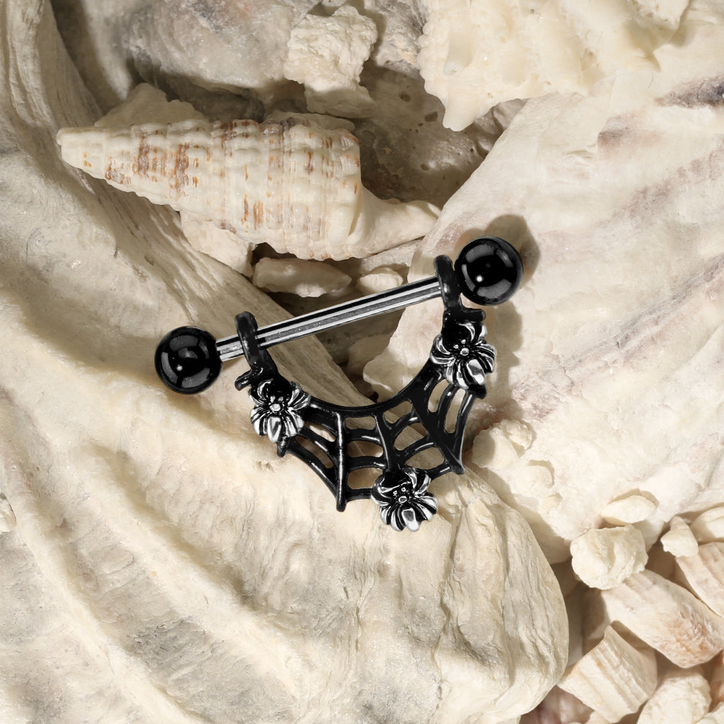 Dangling Spiderweb and Spiders Nipple Rings - Stainless Steel - Pair