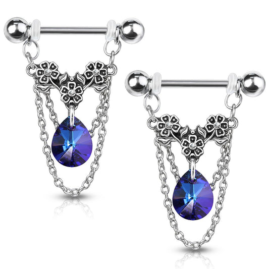 Triple Flower Dangling Crystal Chains Nipple Barbells - Stainless Steel - Pair