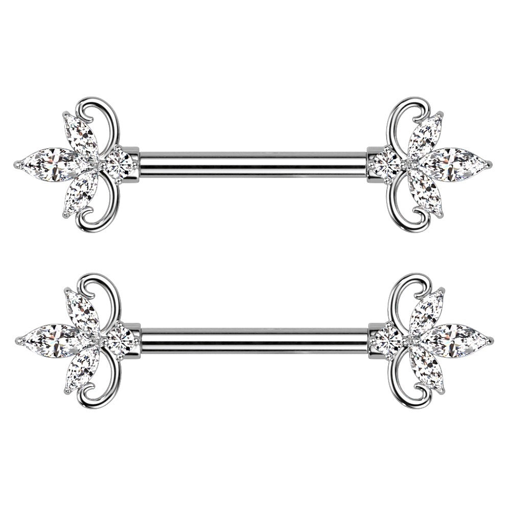 CZ Crystal Triple Marquise Ends Nipple Barbells - Stainless Steel - Pair