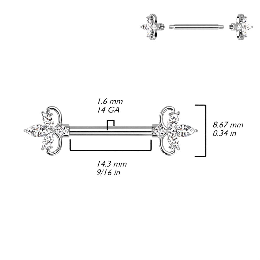 CZ Crystal Triple Marquise Ends Nipple Barbells - Stainless Steel - Pair