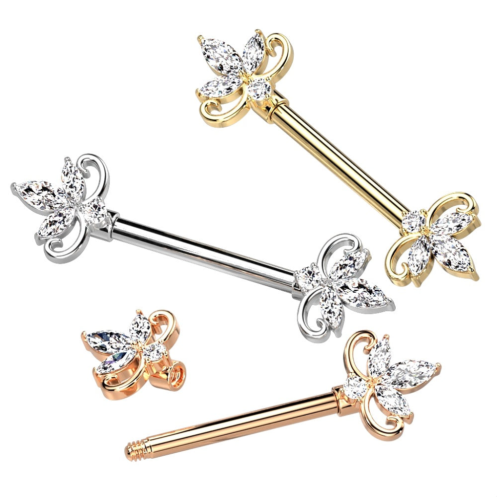 CZ Crystal Triple Marquise Ends Nipple Barbells - Stainless Steel - Pair
