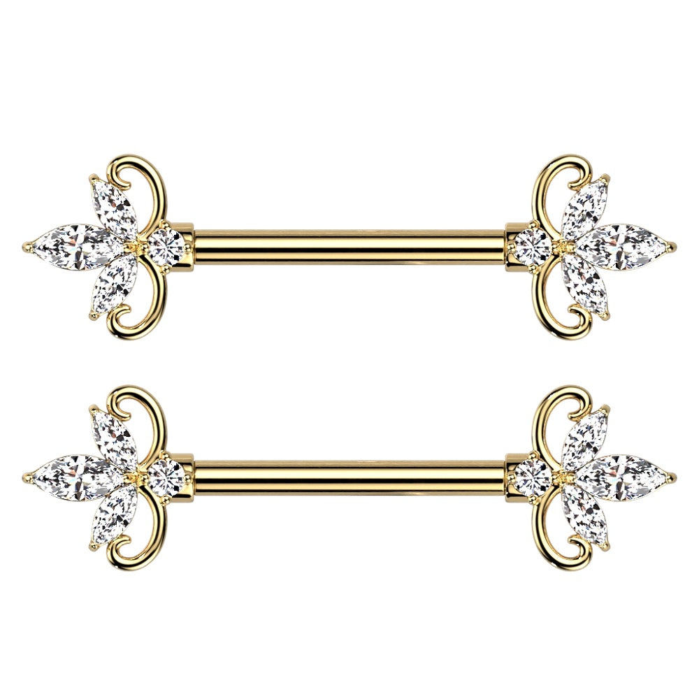 CZ Crystal Triple Marquise Ends Nipple Barbells - Stainless Steel - Pair