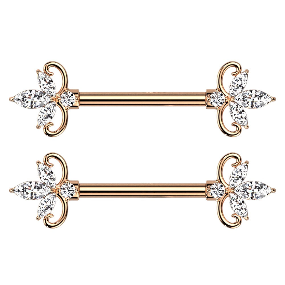 CZ Crystal Triple Marquise Ends Nipple Barbells - Stainless Steel - Pair