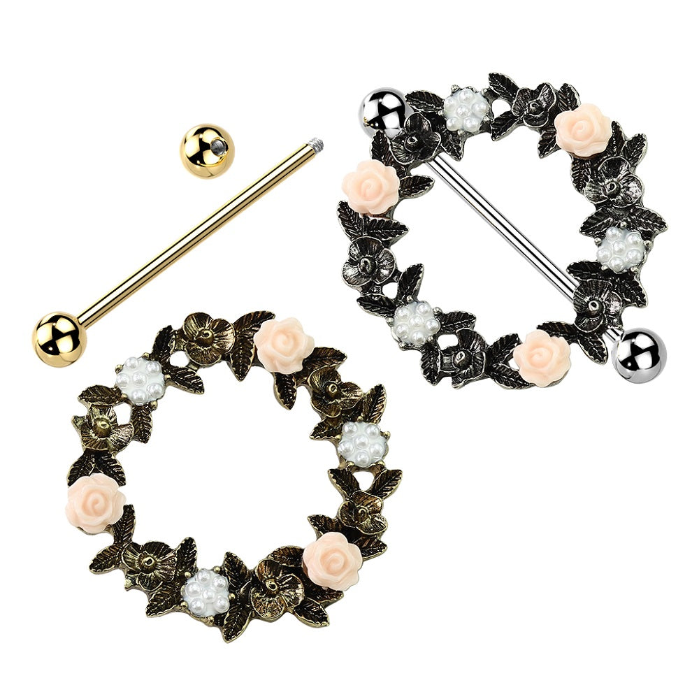 Floral Wreath Nipple Shields - Stainless Steel - Pair