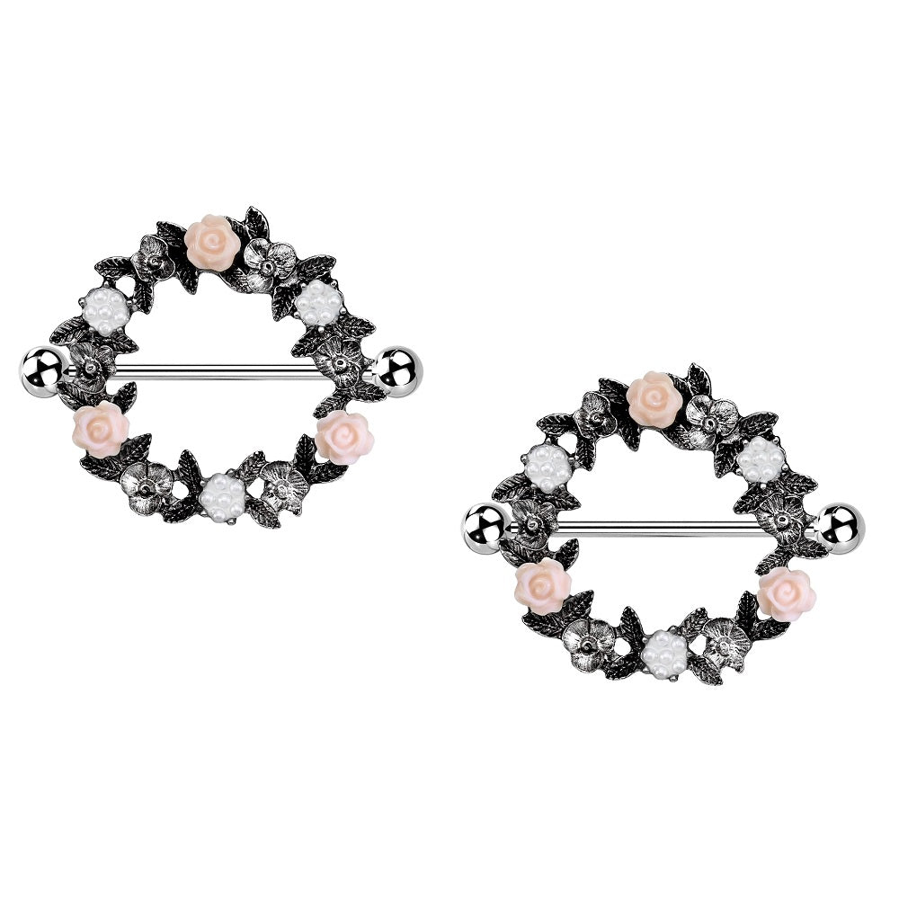 Floral Wreath Nipple Shields - Stainless Steel - Pair