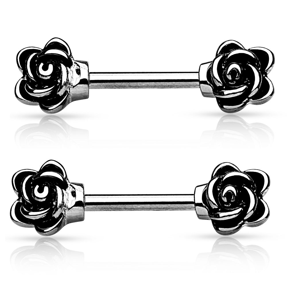 Vintage Casted Rose Flower Nipple Barbells - Stainless Steel - Pair