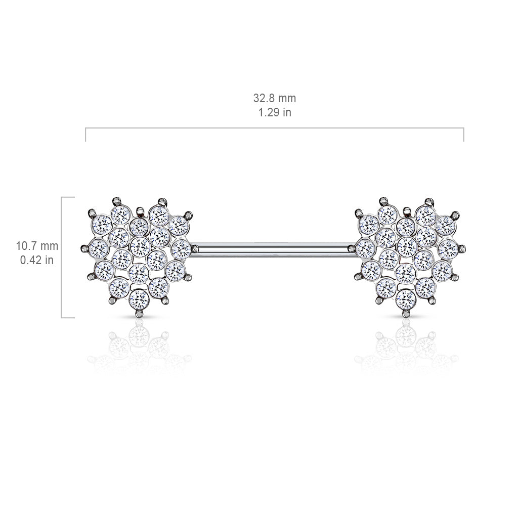 Multi Crystal Paved Heart Ends Nipple Barbells - 316L Stainless Steel - Pair
