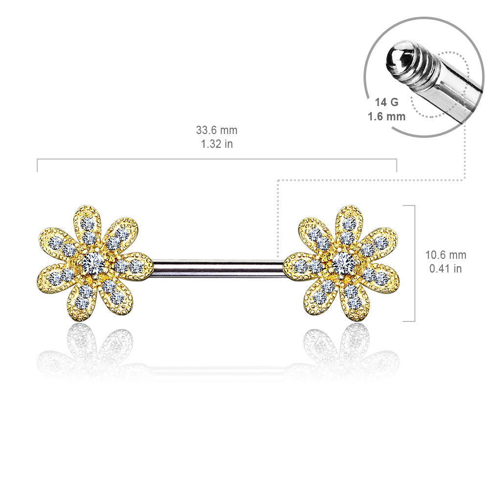 Gem Paved Flower Ends Nipple Barbells - 316L Stainless Steel - Pair