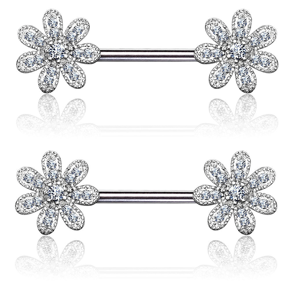 Gem Paved Flower Ends Nipple Barbells - 316L Stainless Steel - Pair