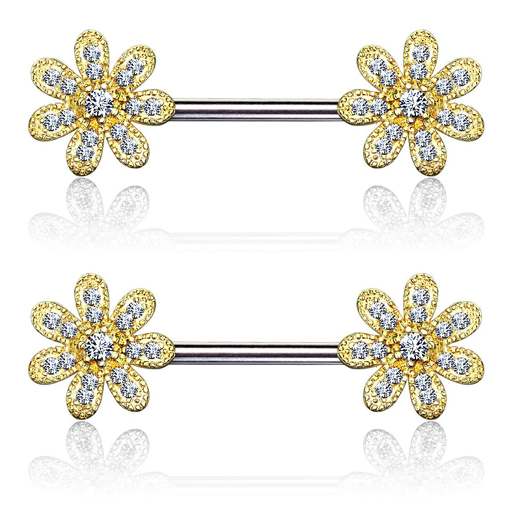Gem Paved Flower Ends Nipple Barbells - 316L Stainless Steel - Pair