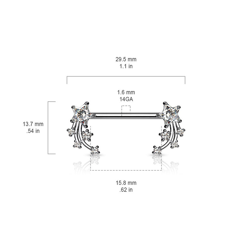 CZ Crystal Shooting Star End Nipple Barbells - Stainless Steel - Pair