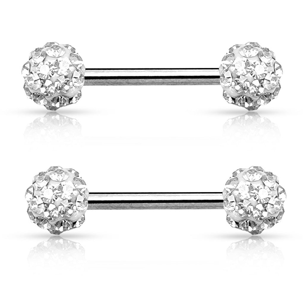 Crystal Paved Ferido Balls Nipple Barbells - Stainless Steel - Pair