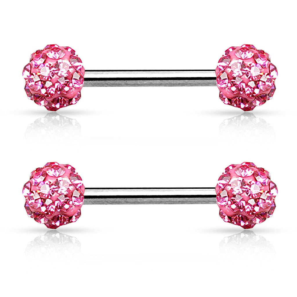 Crystal Paved Ferido Balls Nipple Barbells - Stainless Steel - Pair