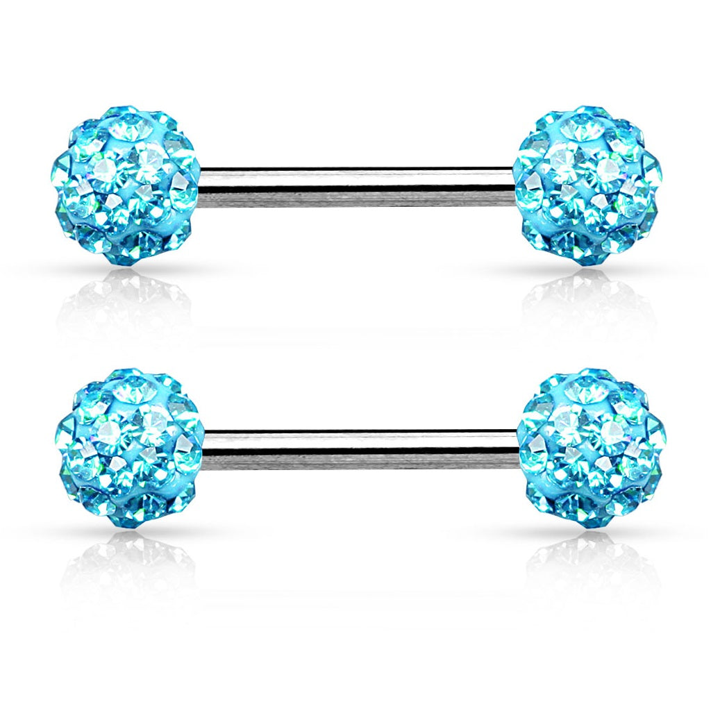 Crystal Paved Ferido Balls Nipple Barbells - Stainless Steel - Pair