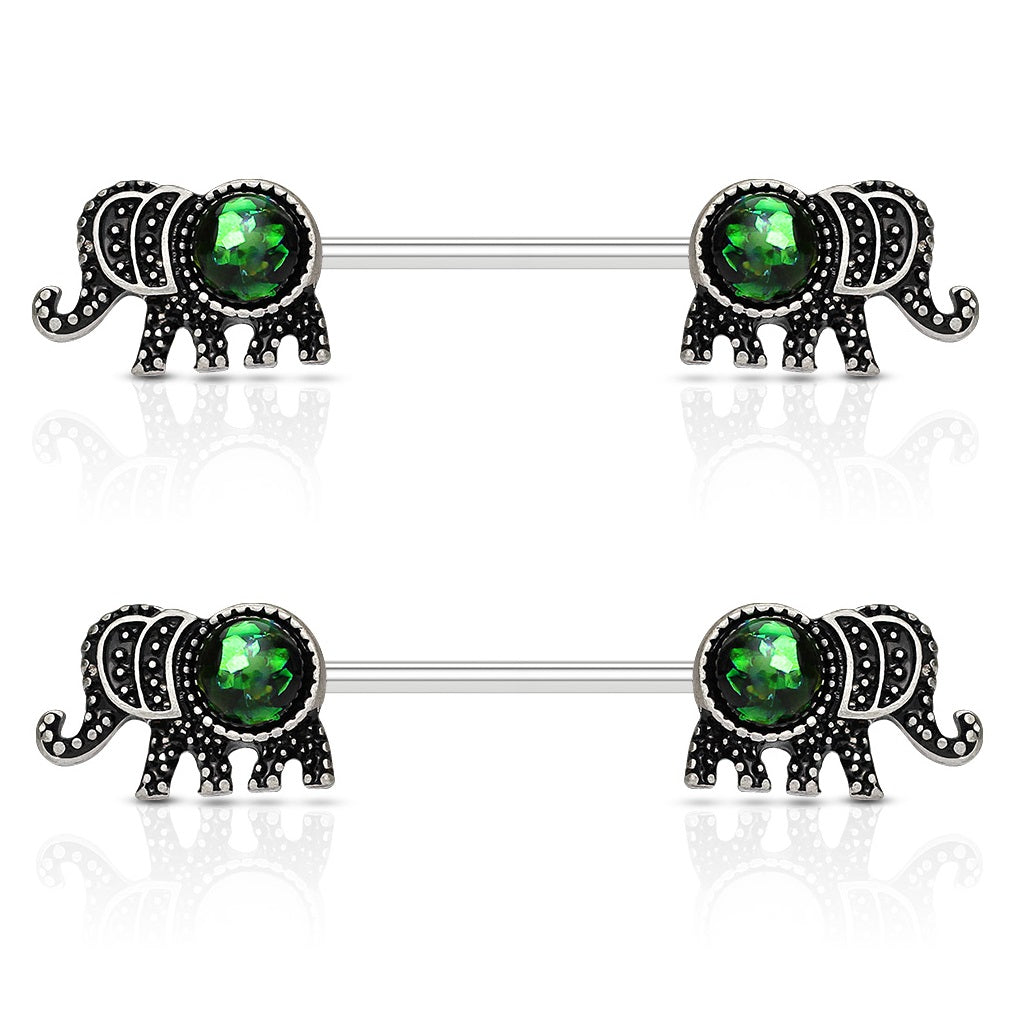 Synthetic Glitter Opal Antique Elephant Nipple Barbells - Stainless Steel - Pair