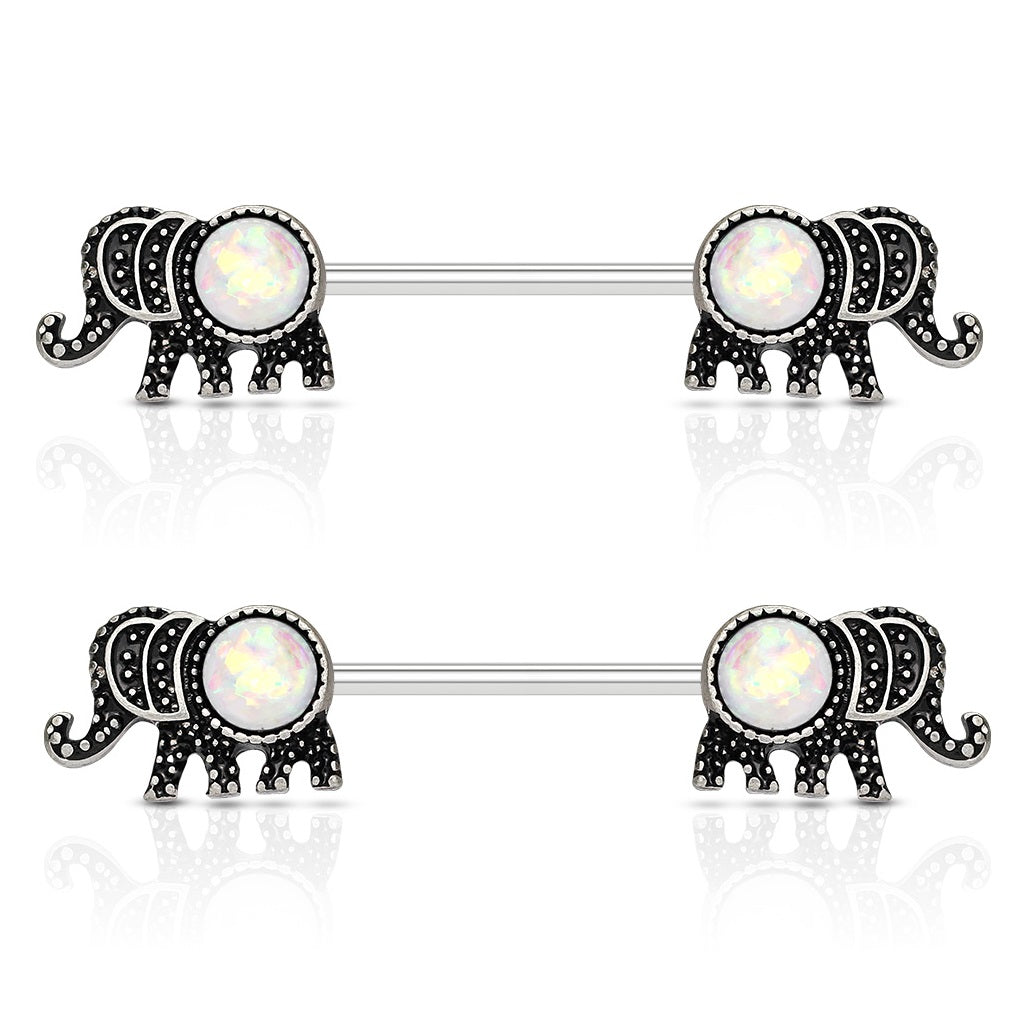 Synthetic Glitter Opal Antique Elephant Nipple Barbells - Stainless Steel - Pair