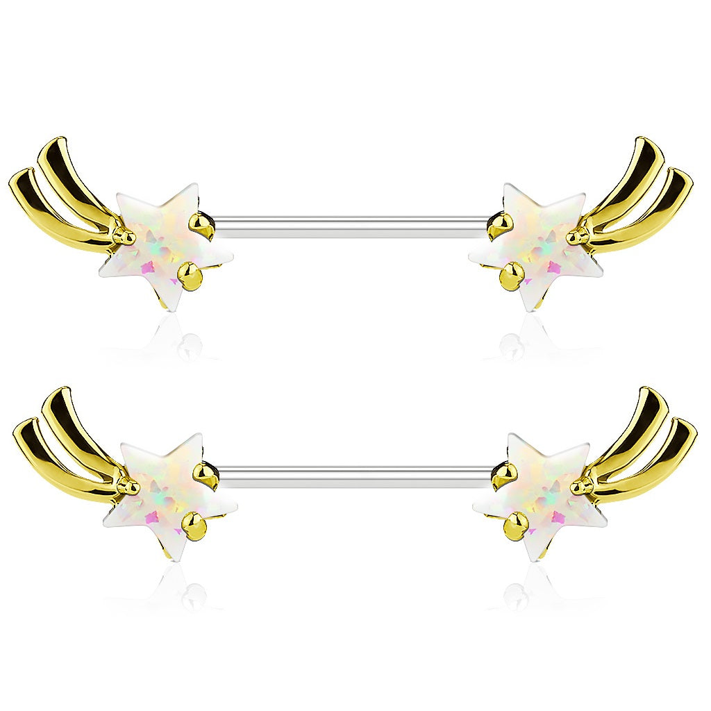 Glitter Opalite Shooting Star Ends Nipple Barbells - Stainless Steel - Pair