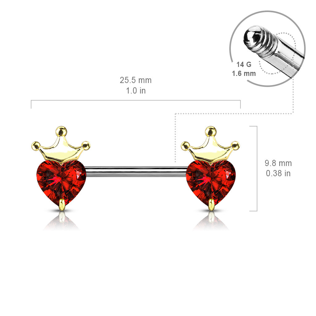 CZ Crystal Heart with Crown Nipple Barbells - Stainless Steel - Pair
