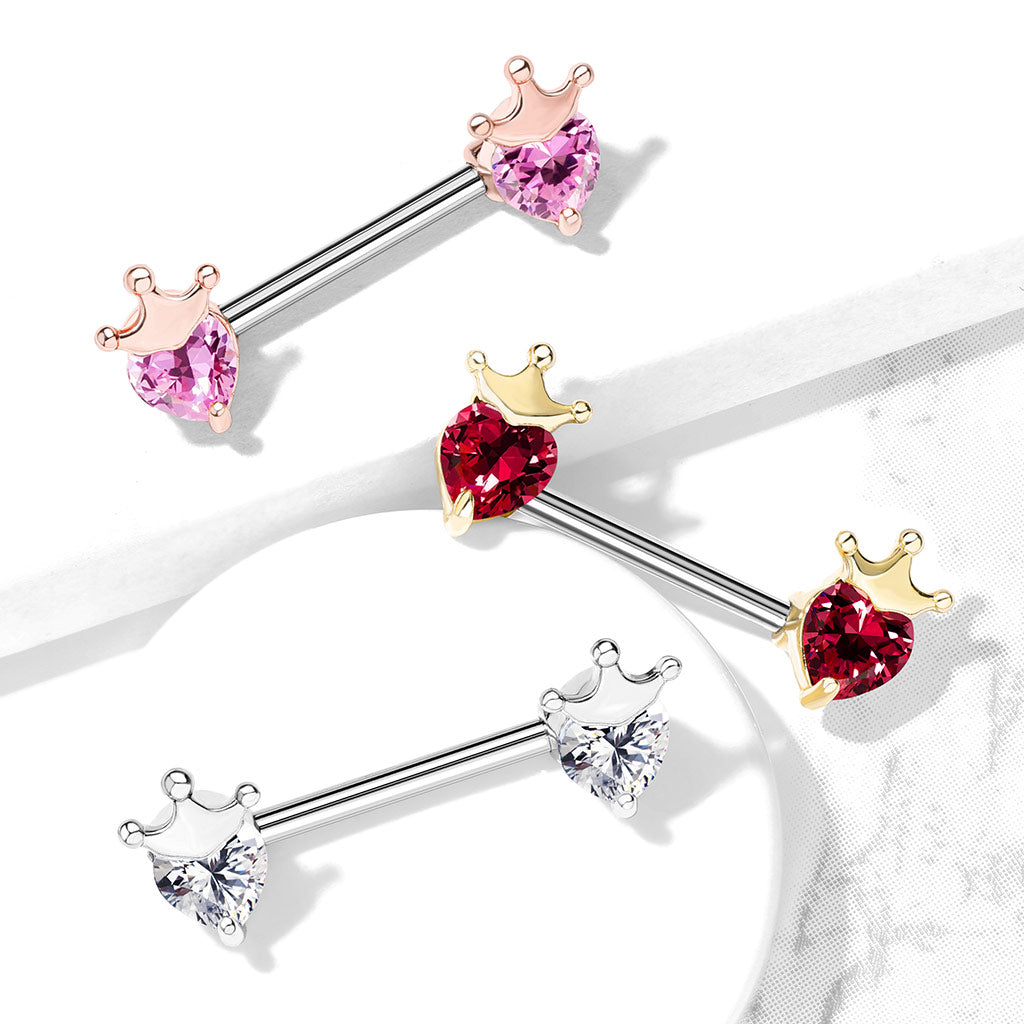 CZ Crystal Heart with Crown Nipple Barbells - Stainless Steel - Pair