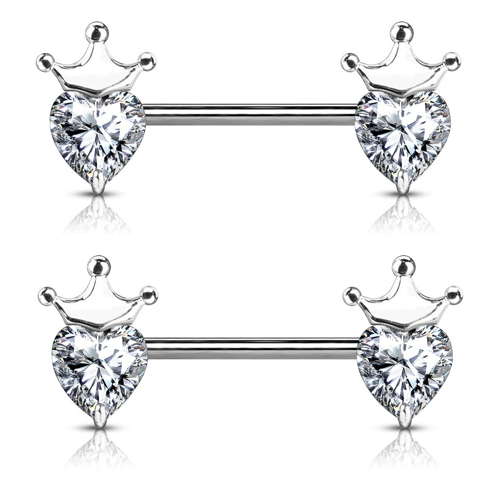 CZ Crystal Heart with Crown Nipple Barbells - Stainless Steel - Pair