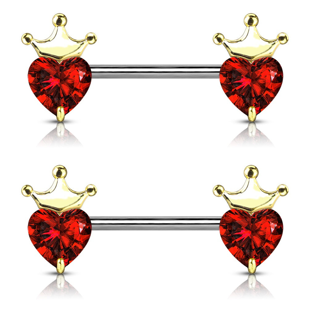 CZ Crystal Heart with Crown Nipple Barbells - Stainless Steel - Pair