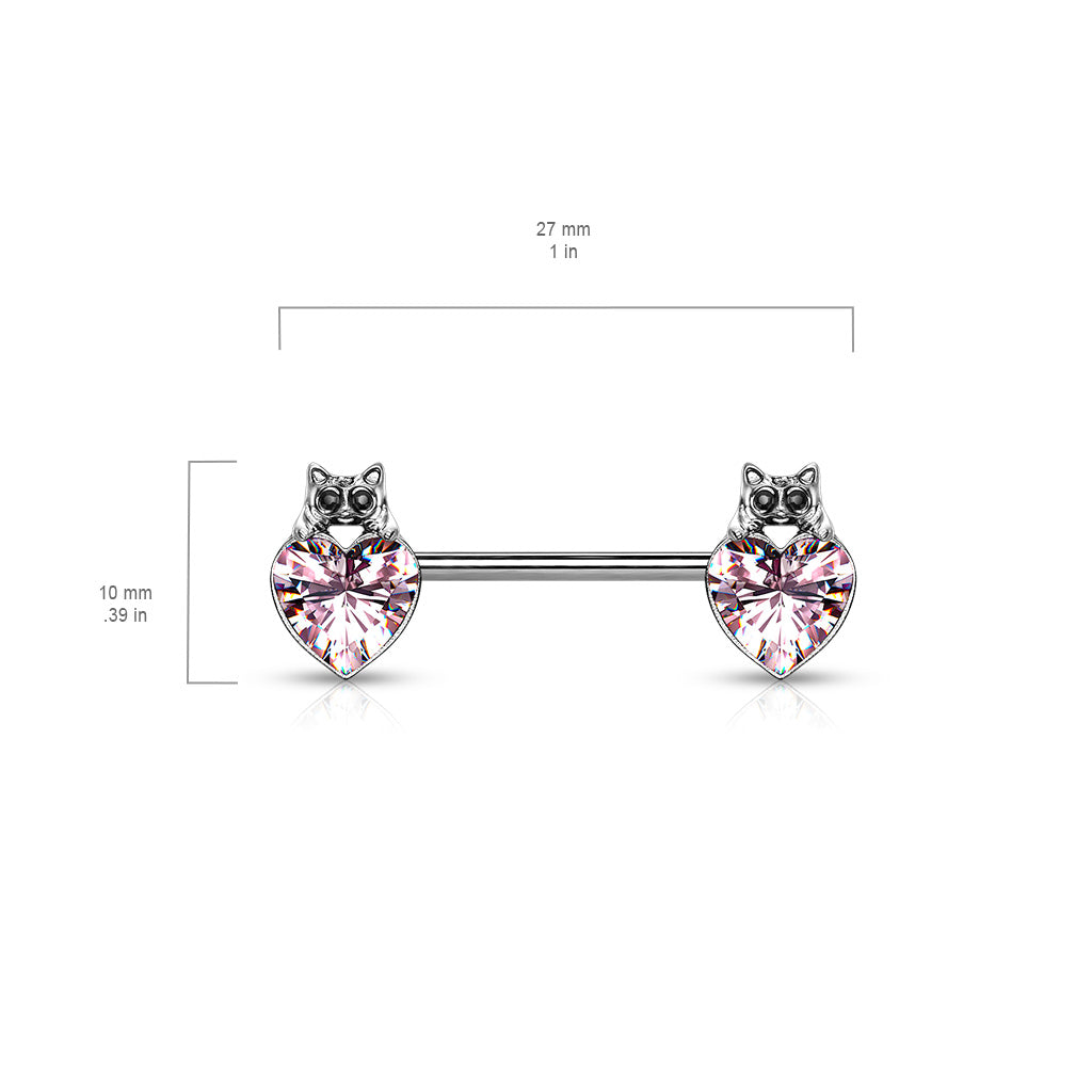 Black Crystal Eyed Cat Over CZ Heart Nipple Barbells - 316L Stainless Steel - Pair